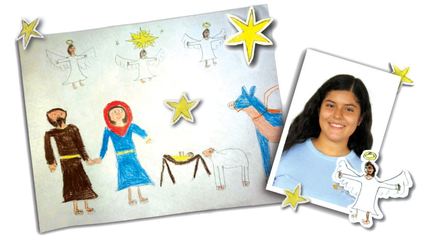 Child's drawing of manger scene with photo of Karla